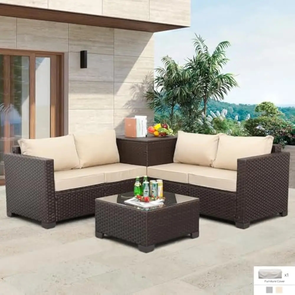 

Garden Sofa , Patio PE Wicker Furniture Set 4 Pieces , with Storage Box Table and Khaki Cushions , Garden Sofa
