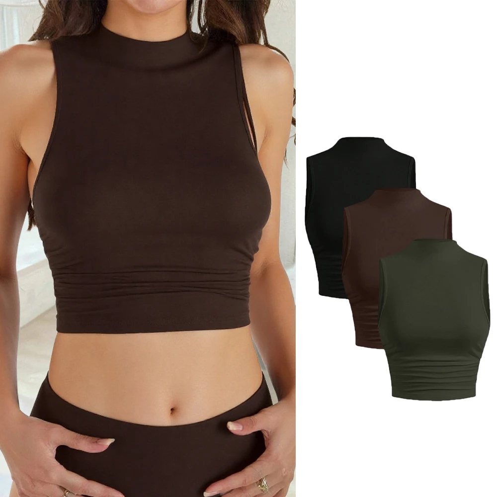 2025 قميص بدون أكمام أساسي للنساء الحد الأدنى الصلبة موضة بلوزة سوداء صيفية بدون أكمام رقبة مستديرة ضيقة كامي للارتداء اليومي