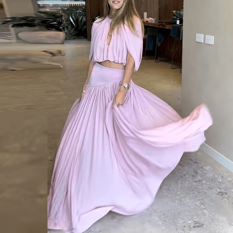 

Casual O-neck Batwing Sleeve Top + Long Skirt Women's 2 Piece Set Fashion Pleated Party Suits Summer Pink Loose Holiday Outfit