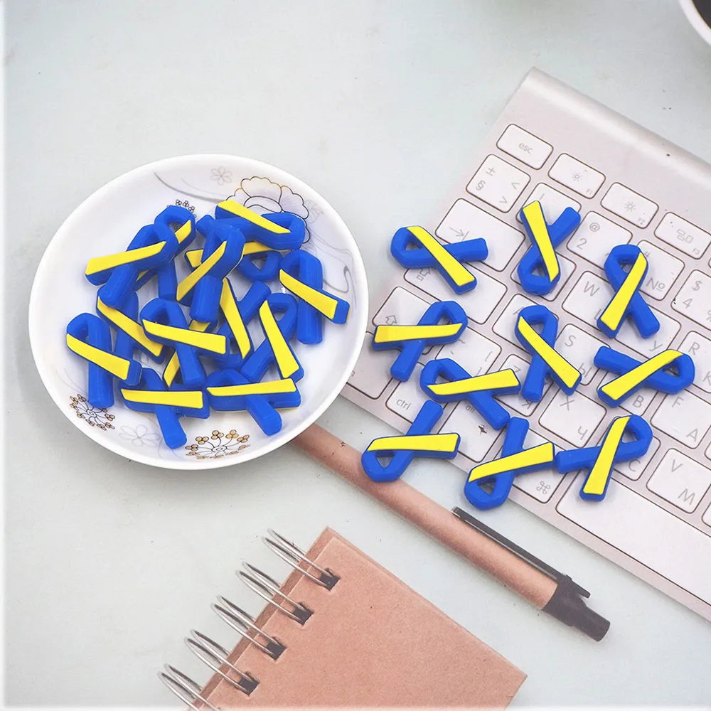 Chenkai 50PCS Down Syndrome Ribbon Beads Silicone Charms Focal Beads For Beadable Pen Character Beads For DIY Pacifier Chains