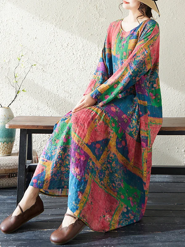 2026 Spring Cotton Linen Long Sve Floral Print Dr round Ne A-Line Skirt Slimming Large Size Women's Casual Wear