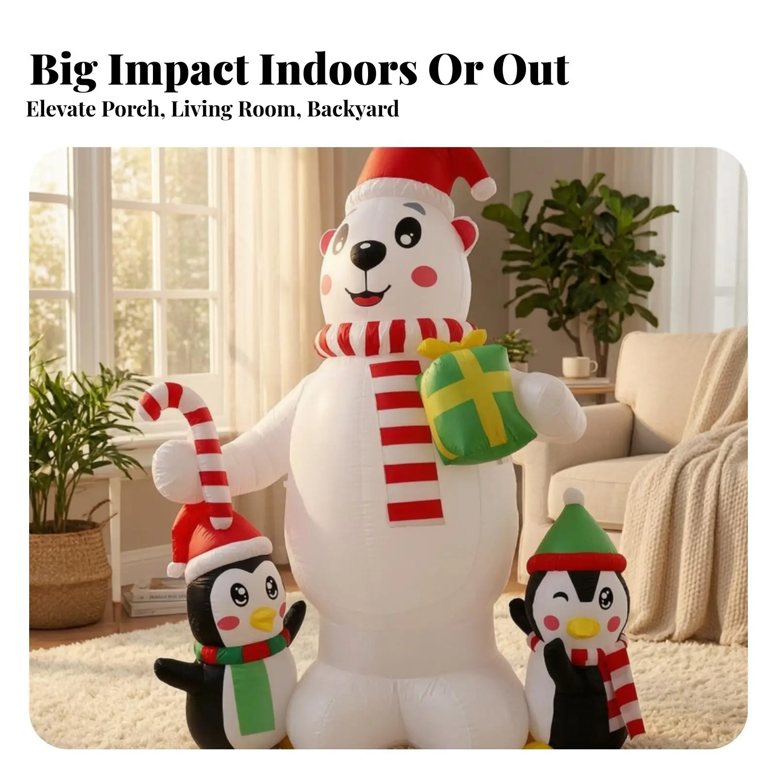 Outdoor Inflatable Bear with Penguins Multicolor Light Effect, Christmas Inflatable with ice creature and Penguin, Built-in Air