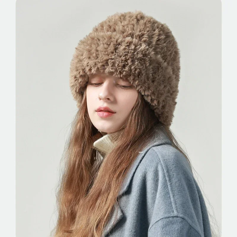 Winter Fluffy Fur Hat for Women Korean Fashion Soft Plush Hat Russia Outdoor Snow Coldproof Warm Benines Ear Protection Cold Cap