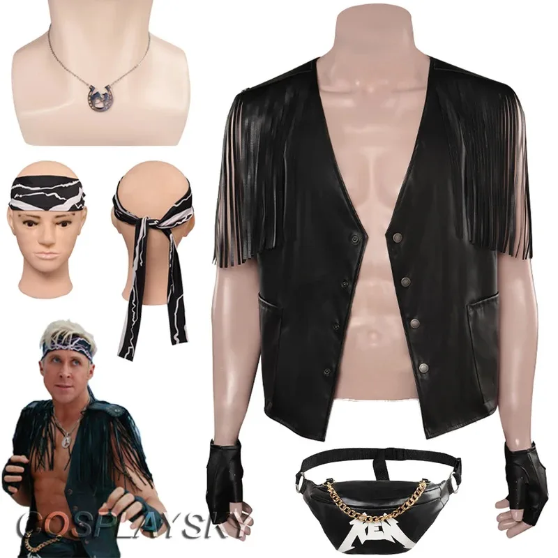 

Ken Cosplay Fantasy Black Jacket Vest Headband 2023 Movie Barbei Disguise Costume Adult Men Cosplay Roleplay Fantasia Outfits