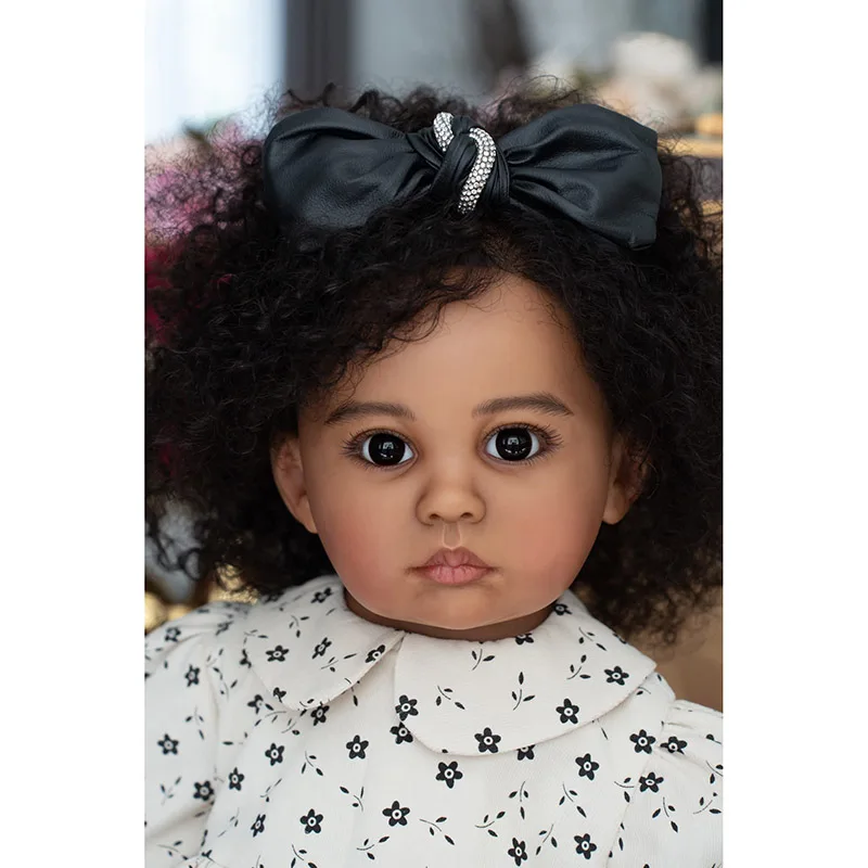 24Inch 60cm Julieata Soft Silicone Vinyl Reborn Toddler Girl Dark Skin Doll with Hand Rooted curly Hair