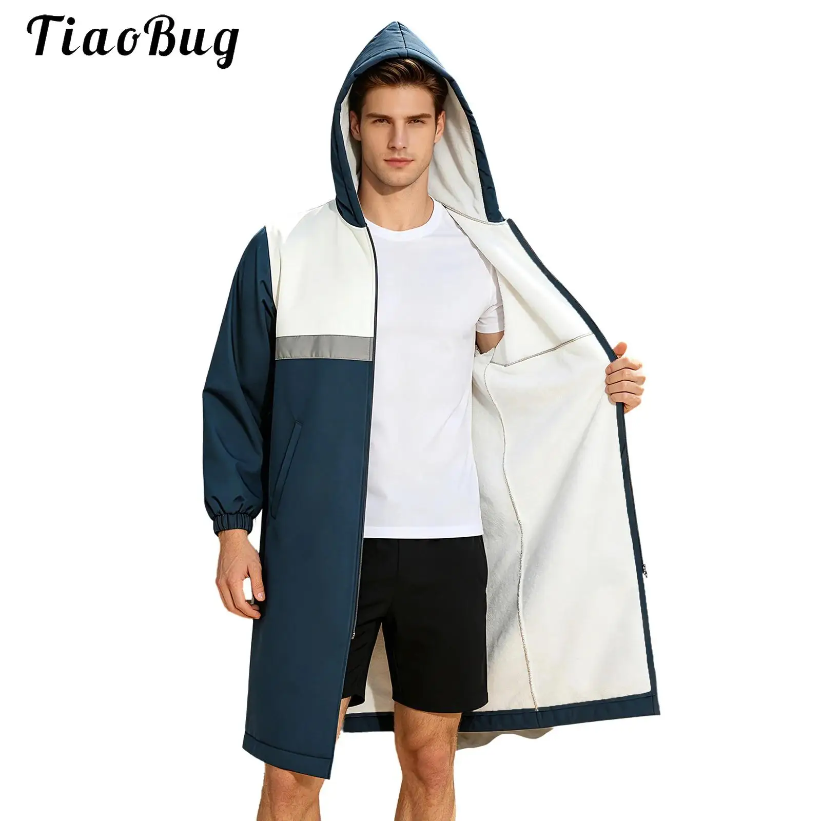

Mens Womens Parka Hooded Jacket Detachable Long Sleeve Swim Warm Coat Zipper Reflective Strip Waterproof Swim Outwear