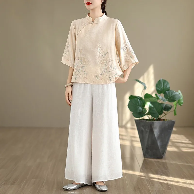 

Retro Chinese Sle Artistic Embroidered irt Top White Wide Leg Pants Summer New Arrival Women's Faion Cotton Linen Blouse