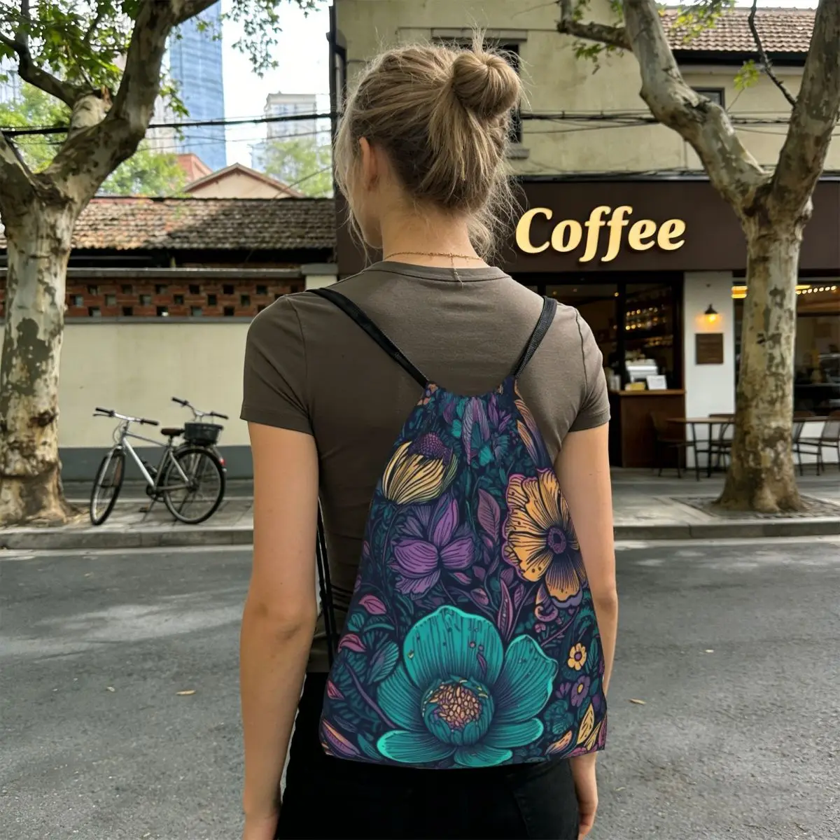 

Purple Flower Vintage Pattern Backpacks Casual Drawstring Bags Sundries Bag Book Bags for Travel School
