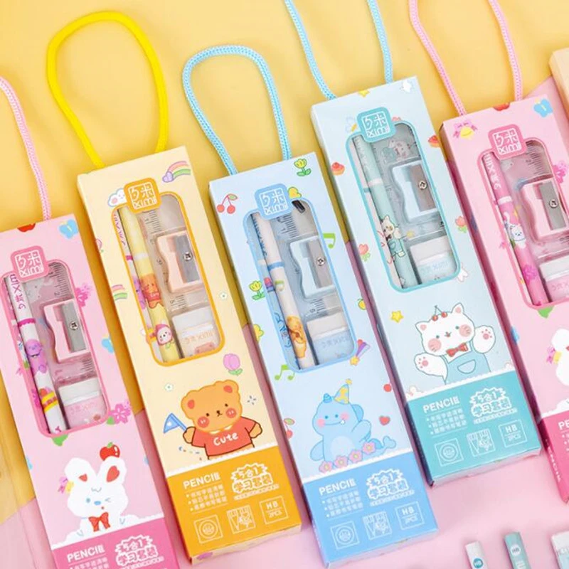 28Sets 5 in 1 Cute Cartoon Pencil Set Portable Stationery Set for Kids Gift Pencil Eraser Sharpener Ruler School Supplies