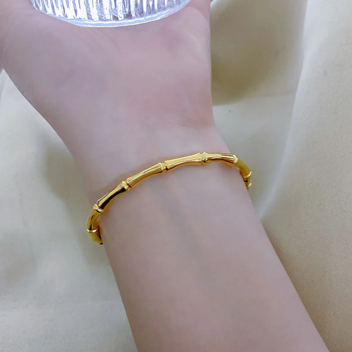 Stainless Steel Gold Color Bamboo Cuff Bracelets Bangles for Woman Wedding Female Luxury Bracelets Jewelry Gift