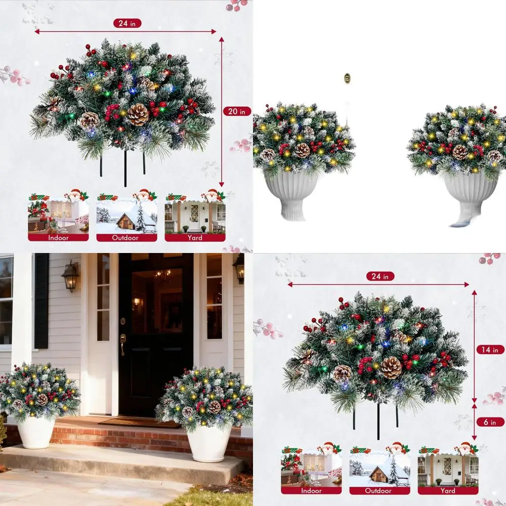 

Artificial Christmas Tree Urn Fillers with Battery-Powered Multi-Color Lights, Cones & Red Berries, Perfect for Porch, Pathway,