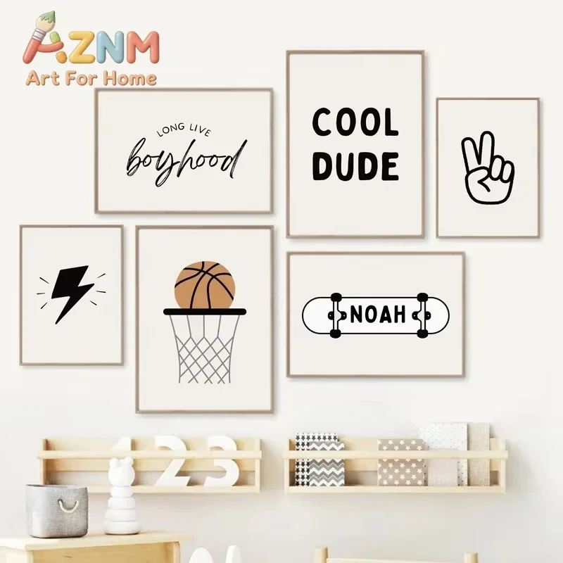 AZNM Boys Sport Canvas Wall Art Basketball Skateboard Cool Dude Quote Art Print Unframed Canvas Poster for Teen Boys Bedroom Hom