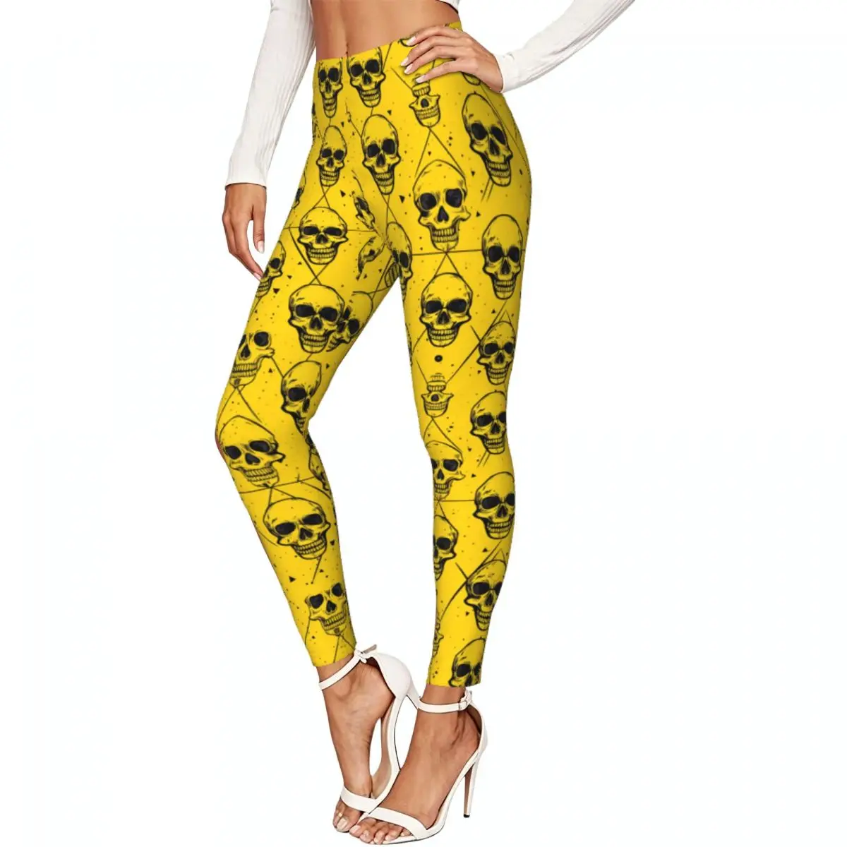Ladies Elastic Waist Skinny Leggings Scary Head Skull Bone Pattern Trousers For Daily Outdoor