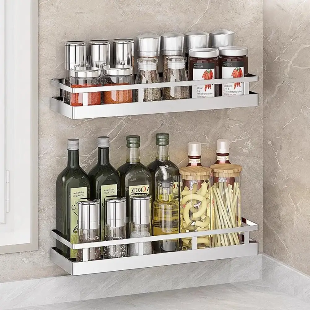 

2PCS Stainless Steel Wall Mount Spice Rack, 15.7Inch Kitchen Organizer for Seasonings and Bathroom Toiletries Storage