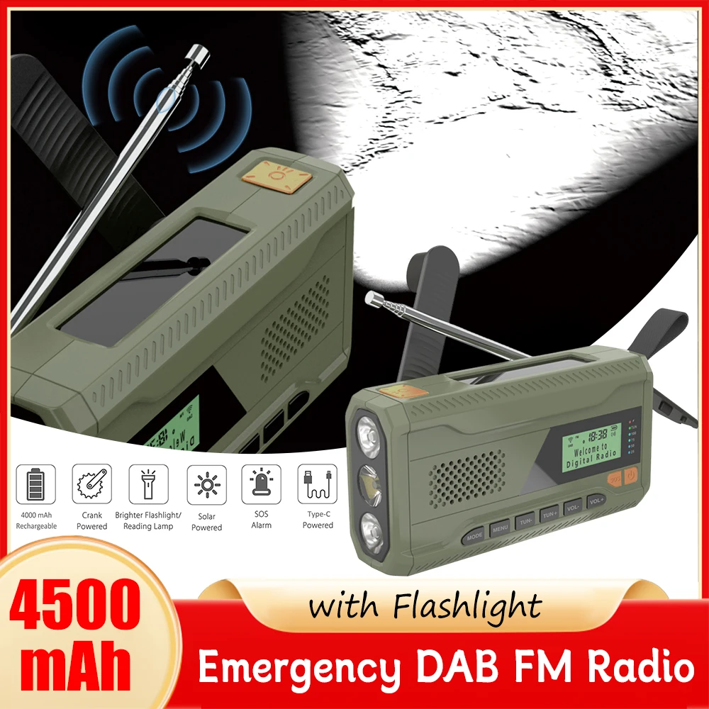 

Портативное аварийное радио на 4500 мАч, солнечное радио с рукояткой, DAB/FM, метеорологическое радио со светодиодным фонариком, Bluetooth 5,0, динамик, внешний аккумулятор
