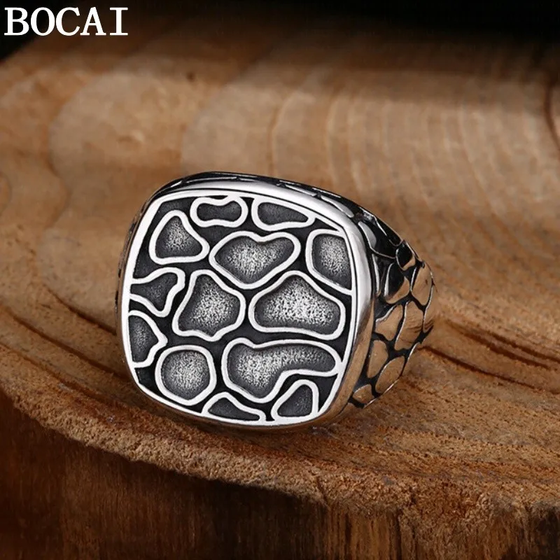 BOCAI S925 Sterling Silver Charms Rings for Men Women Retro Emboss Irregular Pattern New Fashion Punk Jewelry ﻿