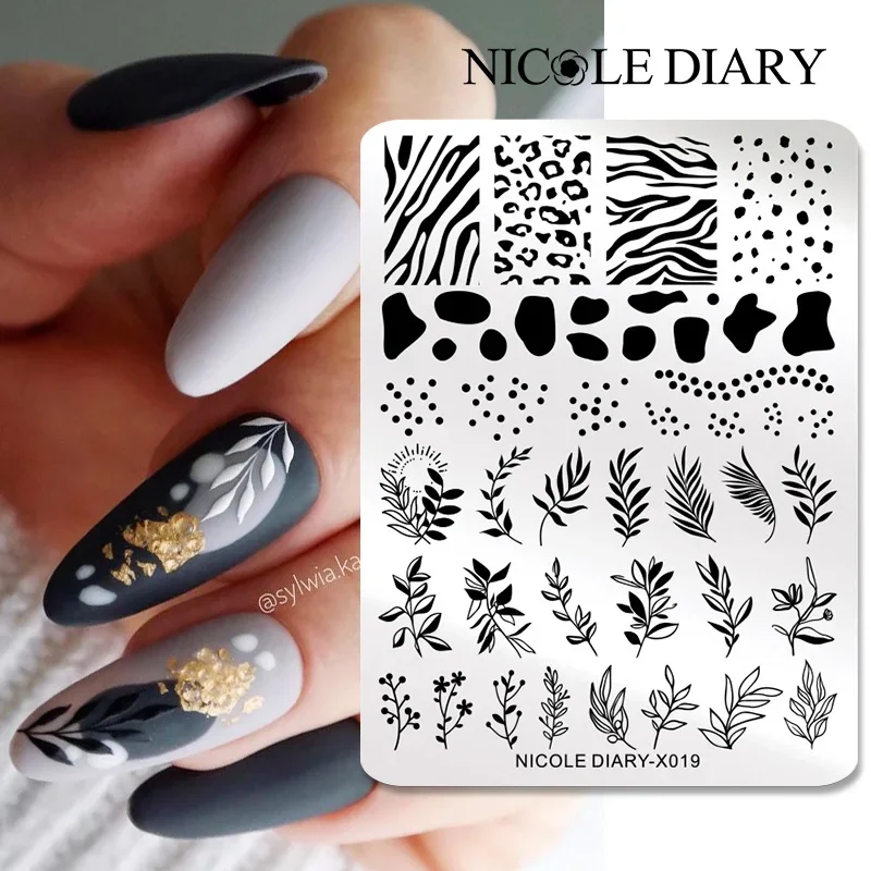 NICOLE DIARY-placas de estampado para decoración de uñas, hojas, flores, plantilla de dibujo, línea de raya geométrica, plantilla de imagen 3D, herramientas de impresión