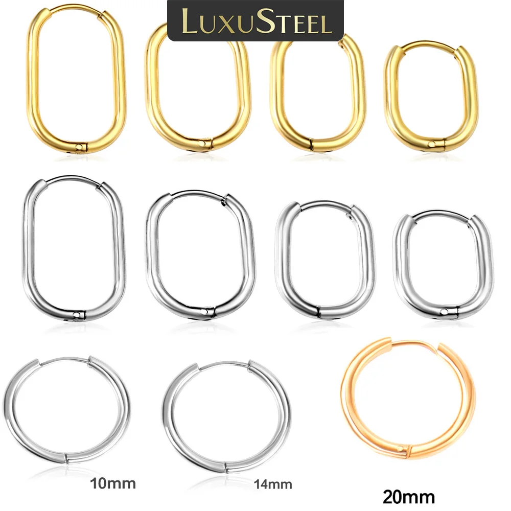 LUXUSTEEL Simple Rectangle U-Shaped Round Cirlcle Hoop Earrings For Women 12/14/16MM Anti-allergy Earrings