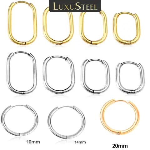 LUXUSTEEL 여성을위한 간단한 직사각형 U 자형 라운드 Cirlcle 후프 귀걸이 12/14/16MM 항 알레르기 귀걸이