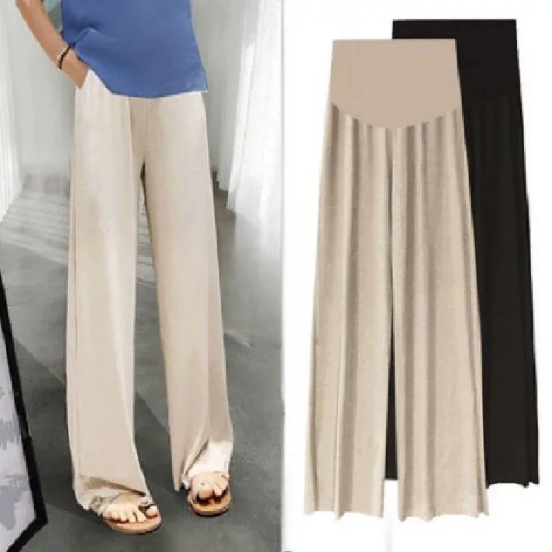 Summer Maternity Pants Summer Ice Silk Pants Wide Leg Pants Thin Wear Loose Pleated Maternity Nine-point Pants