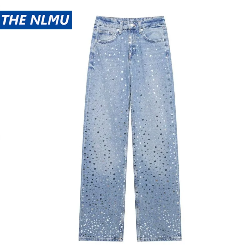 

Women's Blue Sequins Jeans Straight Leg Denim Pants Glitter Design Casual Trousers