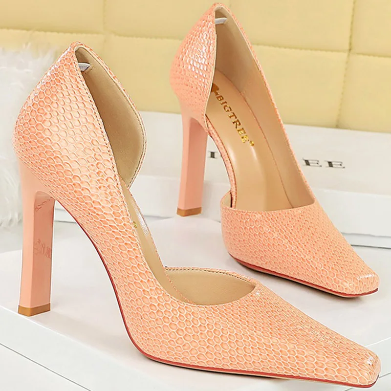 Women 11cm High Heels Square Heels Pumps Square Toe Green Pink Heels Lady Serpentine Patent Leather Wedding Evening Party Shoes