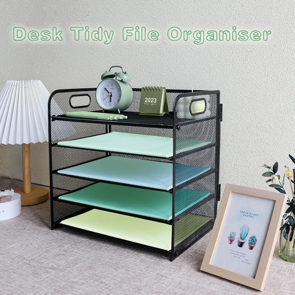 paper letter tray with handle, 5 tier metal mesh desk file organizer, a4 paper desktop filing trays, desk tidy magazine document