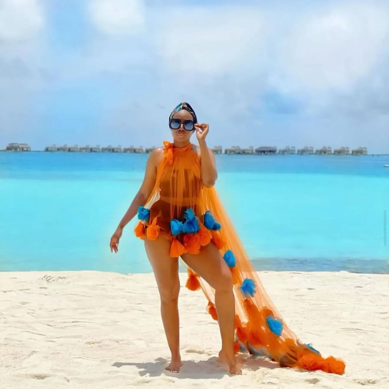 

Sexy Beach See Thru Hot Orange Asymmetrical Long Women Top With Colorful Handmade Flower Details Sexy Female Top