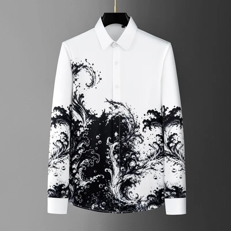 High-end Art Print Men's Shirt Long Sleeve Slim Fit Casual Shirts Non-iron Business Social Banquet Formal Shirt Men Clothing