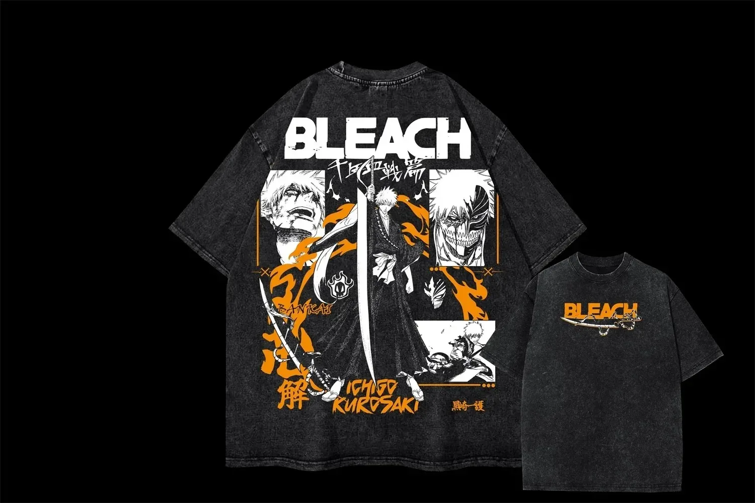 Anime Bleach Ichigo Rukia Zaraki Kenpachi Graphic Print T-Shirt Men Women Vintage Washed Cotton Harajuku Fashion Summer New Tee