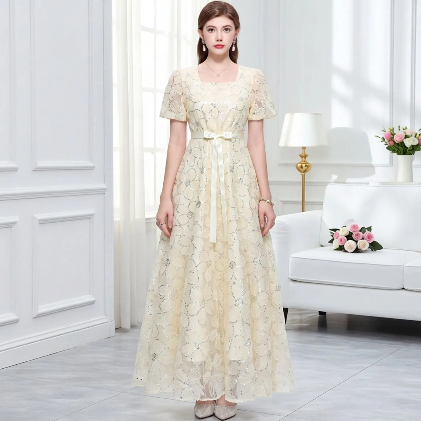 Elegant Lace Short Sleeve Square Neck Dress Women's Fashion Show Off-Shoulder High Waist Polymodal Skirt Breathable Polyester