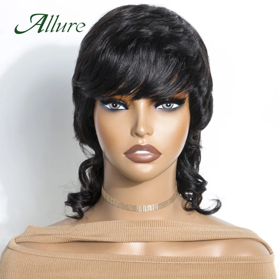 Brazilian Pixies Human Hair Wigs for Black Women Natural Black Color Hair Wig With Bangs Short Straight Full Machine Wig Allure