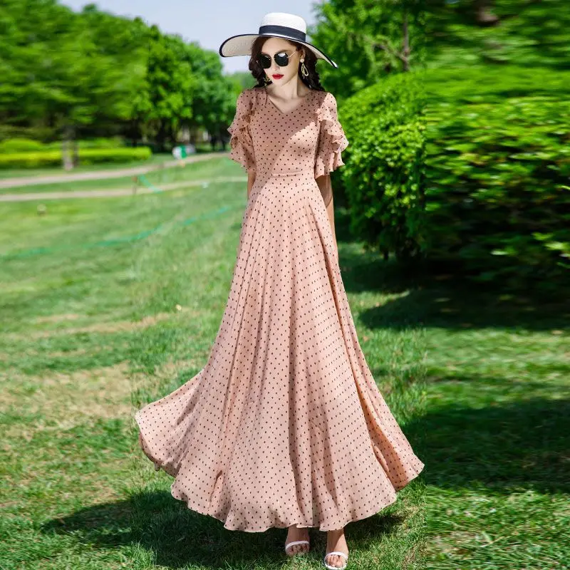 

Модное женское длинное платье с высокой талией и принтом в горошек, элегантное вечернее платье с V-образным вырезом, повседневное однотонное платье с коротким рукавом для вечеринок, модель TS954