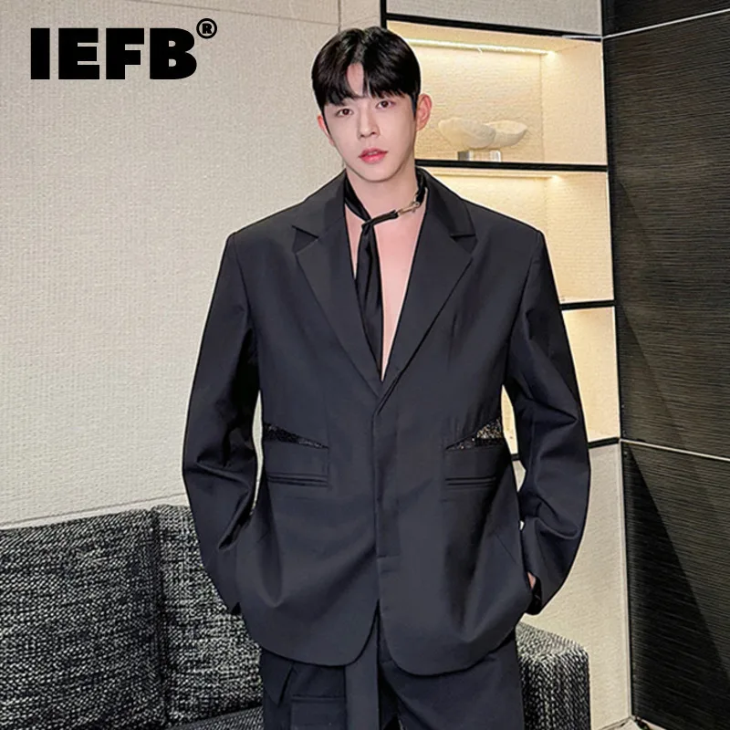 

IEFB 2024 Autumn Personality Men's Blazer Deconstructed Bright Sparkling Mesh Hollow Splicing Suit Coat Male Clothing 9C7059