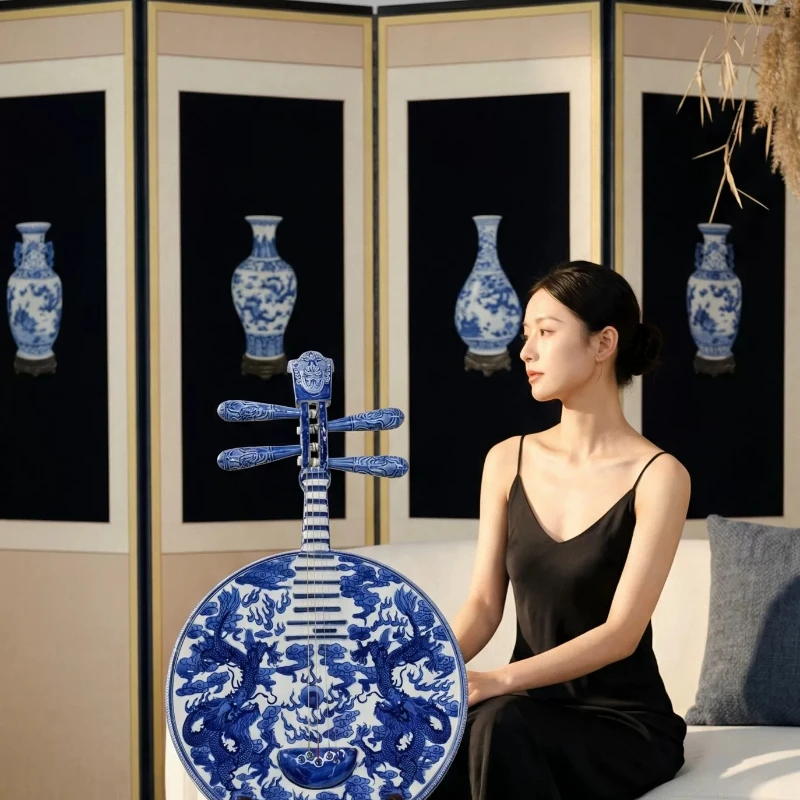 Blue and white ceramics Zhongruan classical musical instruments New Chinese daily gift-giving living room decoration ornament