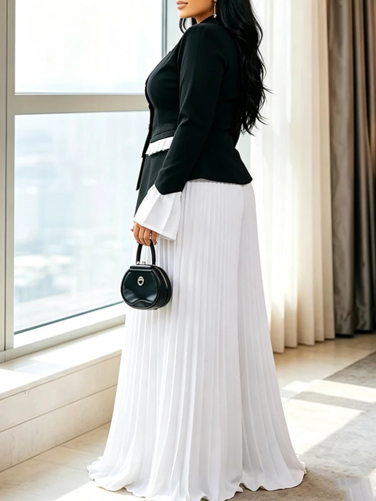 Elegant Women Black White Pant Suit Ruffled Flare Sleeve High Waist Wide Leg Trousers Set Office Party Evening Outfit African