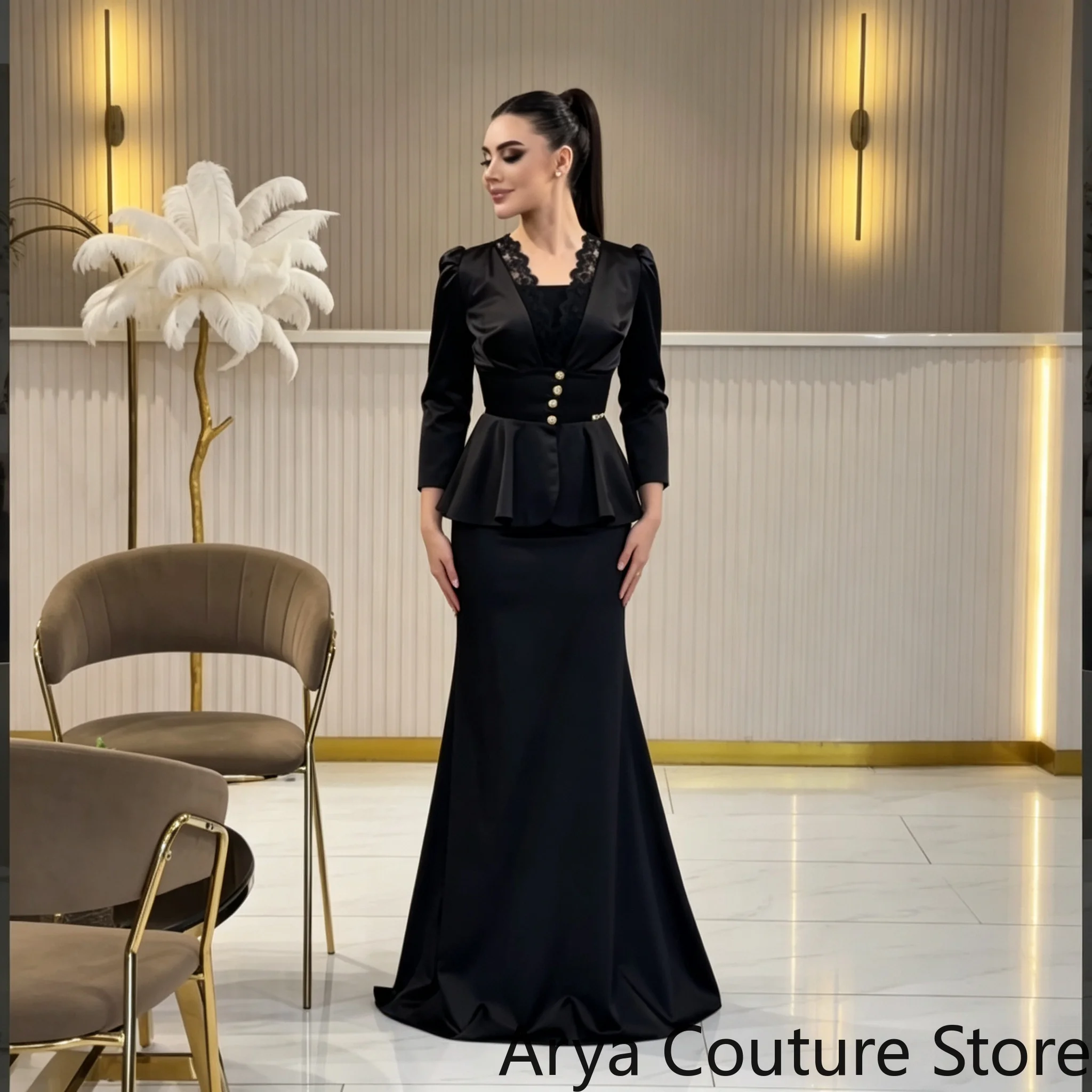 Muslim Two Piece Formal Evening Set High V Neck With Lace Embroidered Collar Long Sleeves Button Front Peplum Top Fitted Mermaid