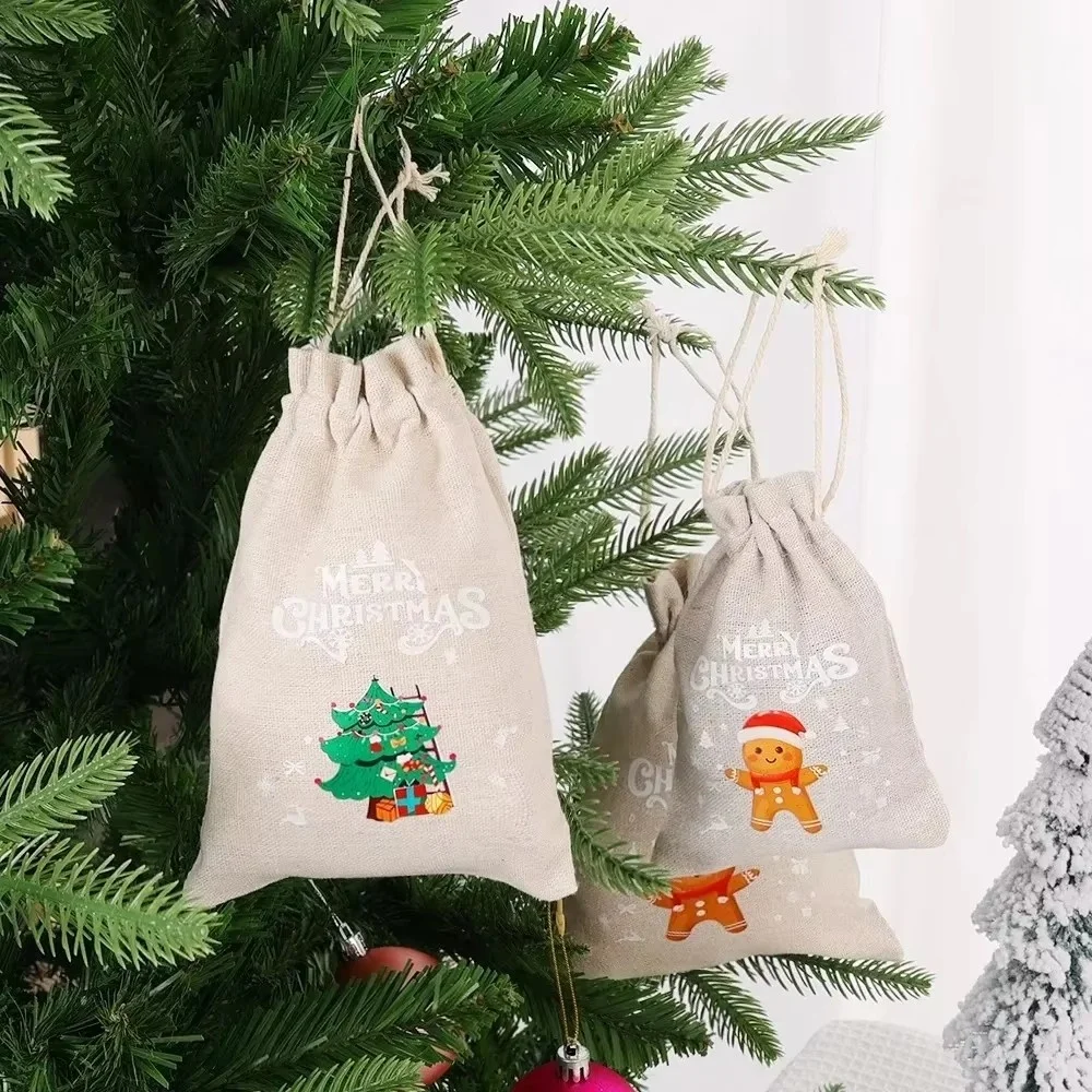 20 PCS Christmas Drawstring Gift Bags Cute Santa Claus Snowflake Elk Cotton Linen Storage Bags New Year Party Candy Pouches