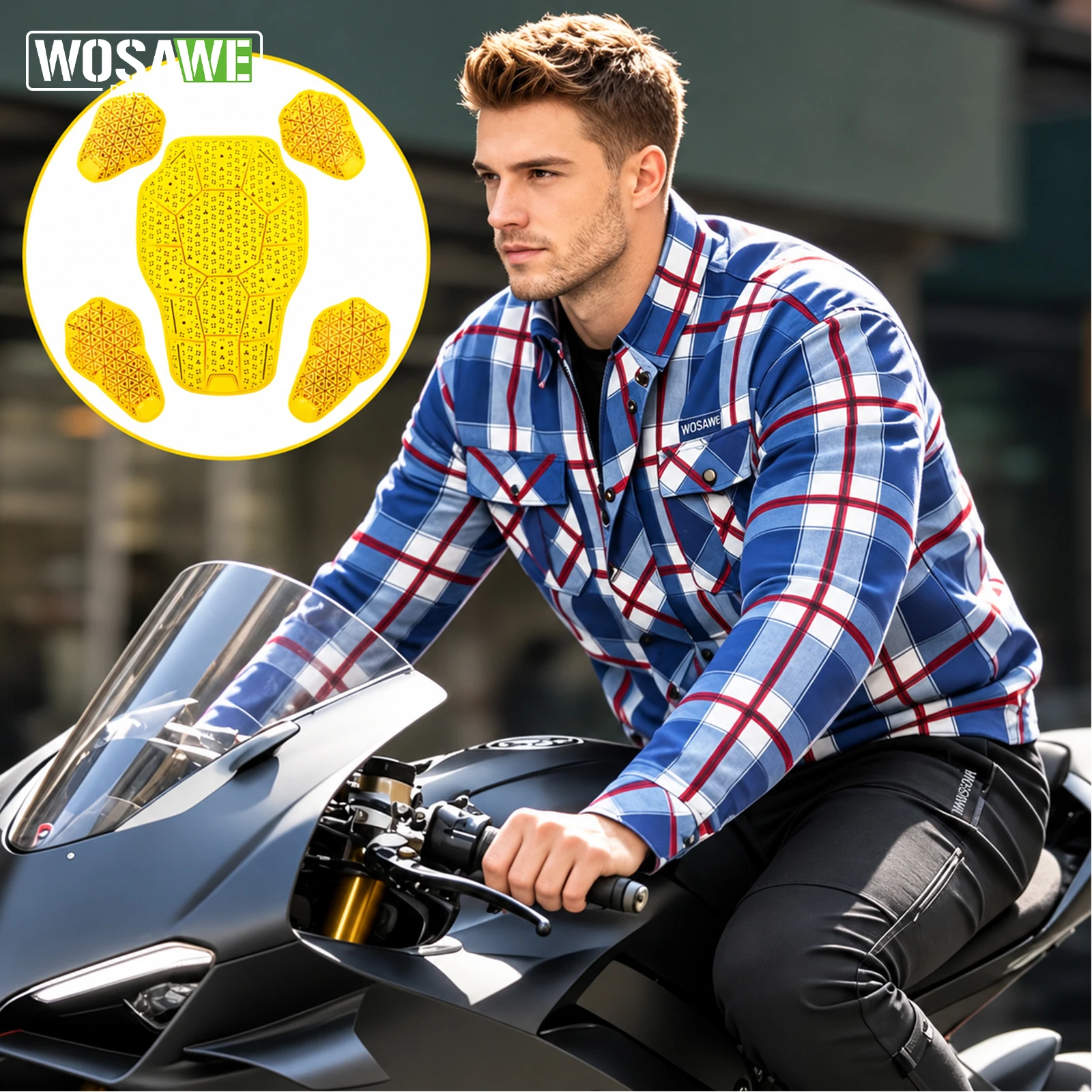 WOSAWE Men Vintage Plaid Motorcycle Jacket Lightweight Breathable Biker Riding Outerwear with Built-in Back Shoulder Elbow Pads