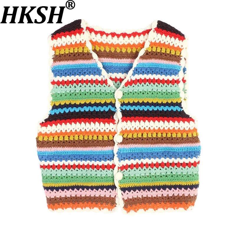 HKSH Spring Autumn New Women Knitted Waistcoat V-neck Single Breasted Colorful Korean Casual Sleeveless Sweater Cardigan HK18261