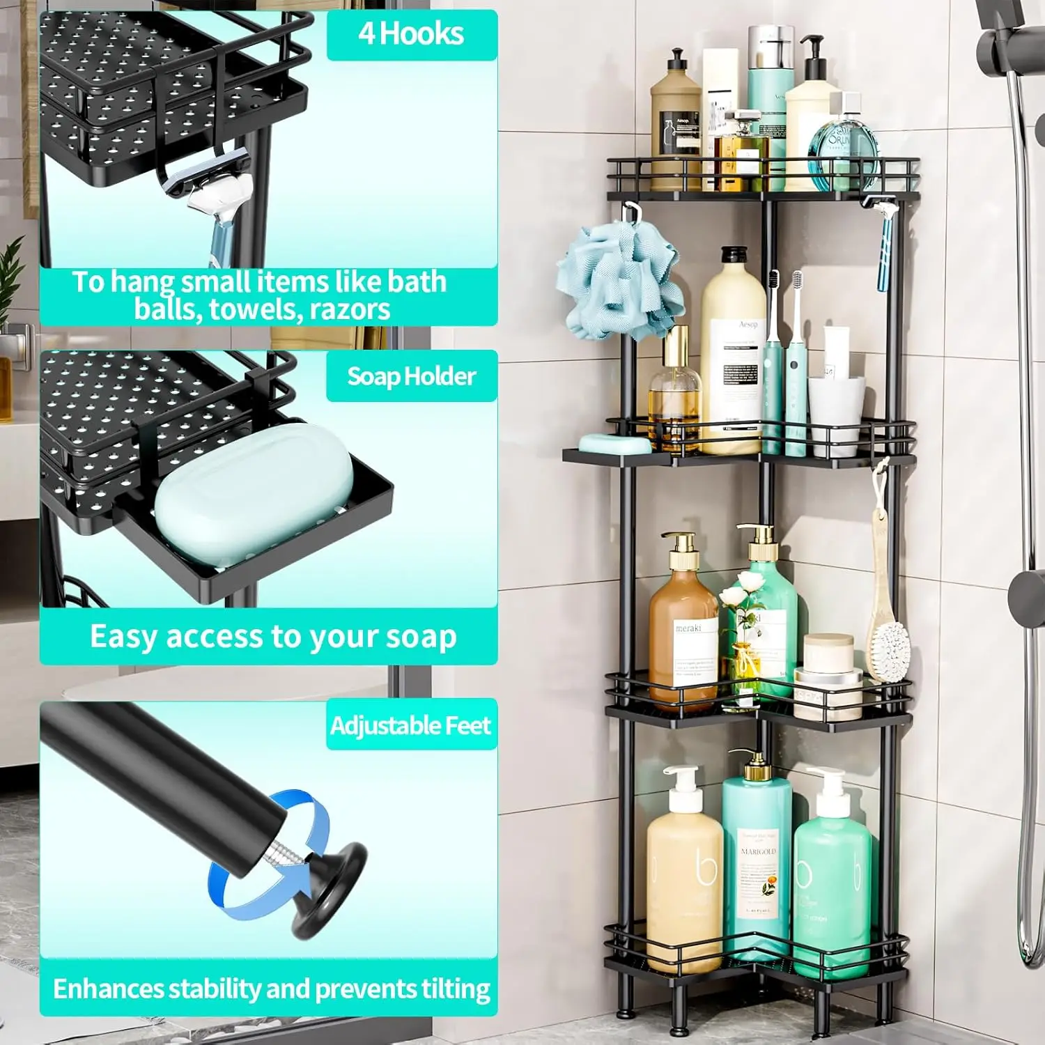 Corner Shower Caddy Organizer - 4 Tier Shower Organizer Corner with Soap Holder, Rustproof Shower Shelves with 4 Hooks