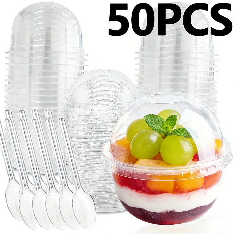 

50PCS Clear Plastic Cups Dome Lids Disposable Dessert Party Cup Parfait Food Containers Candy Fruit Smoothie
