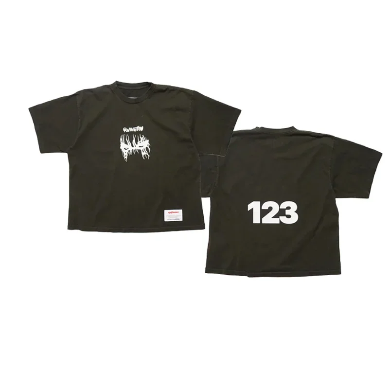 26SS الرجال النساء للجنسين الرسومات شعار طباعة RRR 123 تي شيرت أعلى جودة القطن خمر غسلها الأسود المتضخم RRR123 تي شيرت العلامة