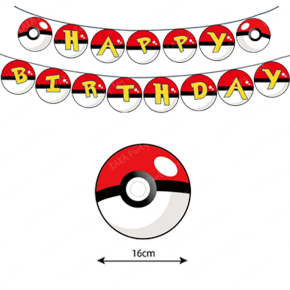 15Pcs/Set Pokemon Theme Bunting Happy Birthday Flags Decorations Pokeball Paper Hanging Banner Baby Shower Events Party Supplies