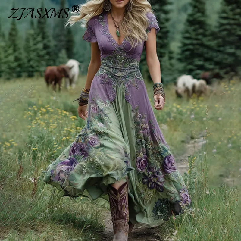 Mujer Abiti vintage patchwork con stampa floreale etnica Donna Abito lungo sexy a trapezio con scollo a V profondo Abito lungo Boho a maniche corte estivo