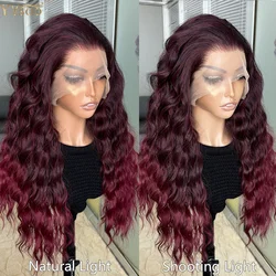 YYWigs 1B/39 Dark Roots Ombre 13x6 Lace Front Long Water Wave Heat Resistant Futura Fiber Synthetic Frontal Wigs for Black Women
