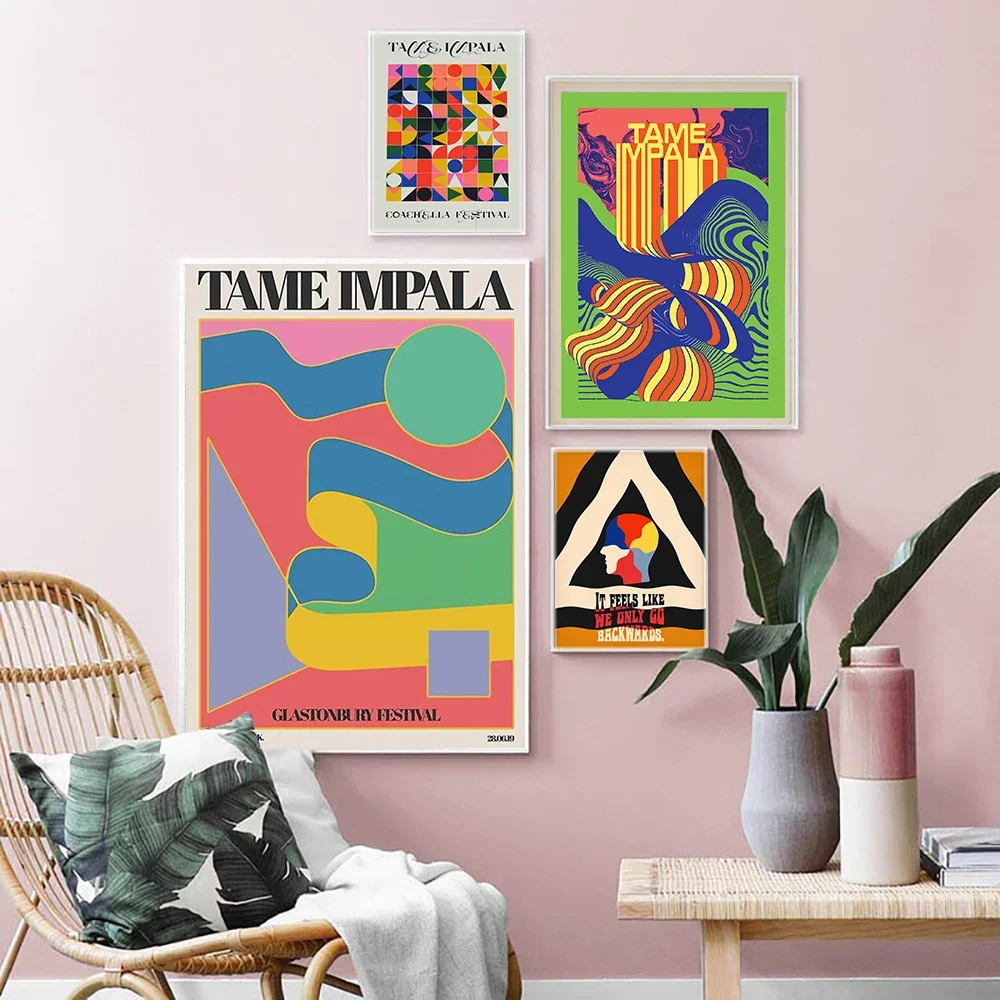 Tame Impala At Glastonbury Gig Canvas Posters Retro Abstract Geometry Painting Colorful Head Wall Pictures for Living Room Decor