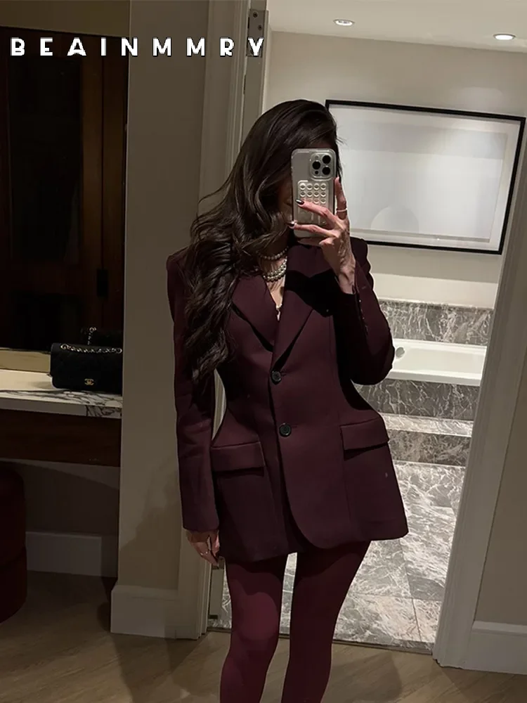 Fashion Burgundy Lapel Single Breasted Blazers Coats Elegant Long Sleeve Suit Pockets Jacket Women New Commuting Office Outwear