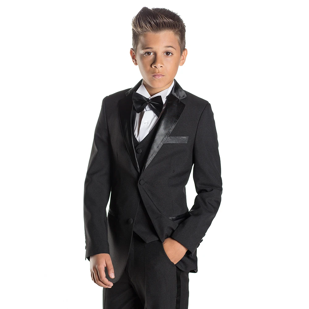 

Kids Clothes Black New Fashion Satin Notch Lapel Single Breasted Tuxedos Slim Handsome Formal Wedding 3 Piece Suits for Boys