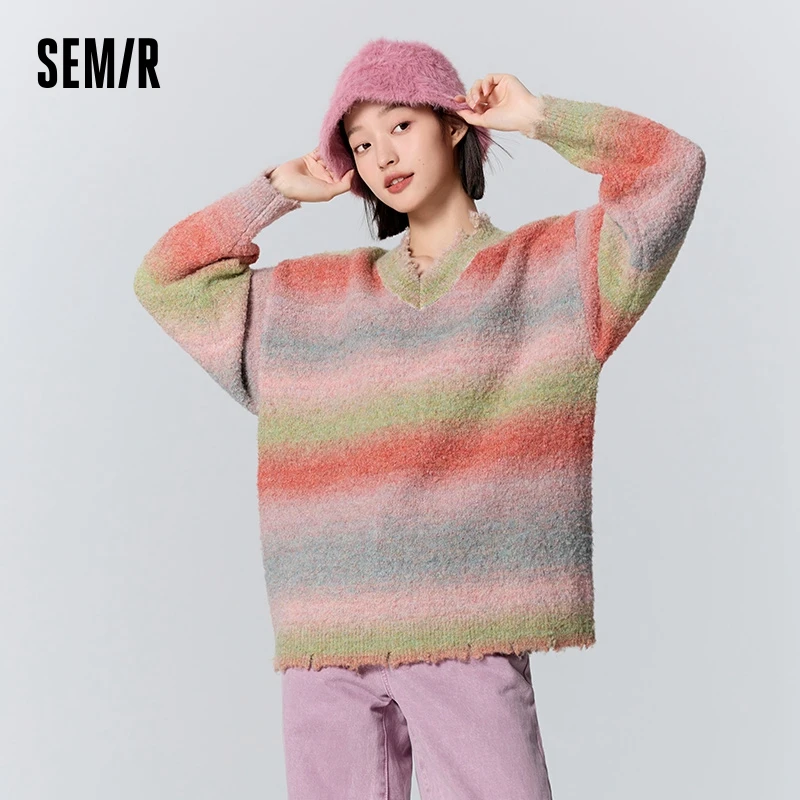 Semir Sweater Women Mid-Length Loose Personality Lazy 2024 New Winter V-Neck Gradient Minority Sweet Cool Striped Shirt